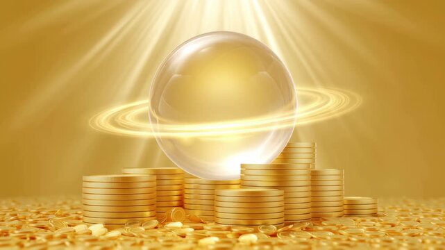 A glowing magnetic sphere surrounded by a golden aura, pulling stacks of cash and gold coins toward it, symbolizing the law of attraction for wealth.