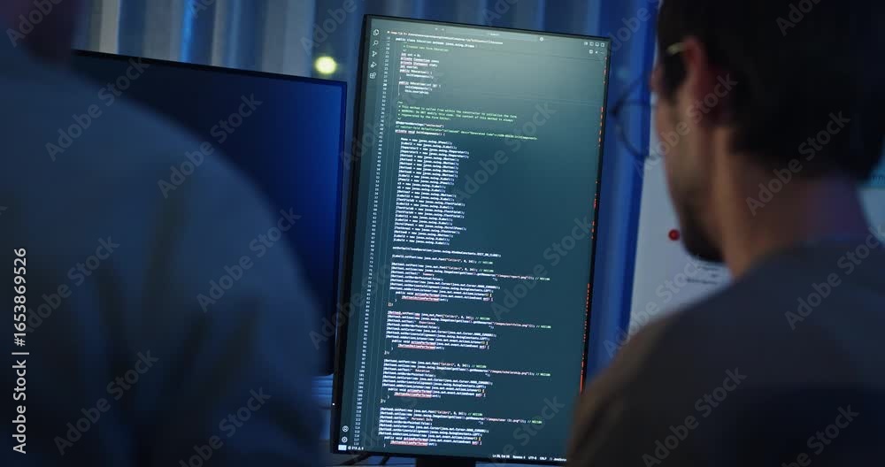 Wall mural closeup team adult male engineer collaborate on robotic hand project use ai code solutions machine l