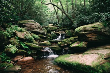 Lush forest stream cascading over mossy rocks