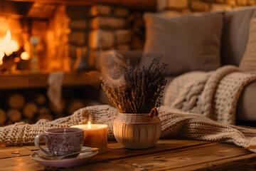 Hygge-style country living room, stone fireplace with fire, cozy blanket, candlelight, steaming tea, wooden coffee table, soft rustic details, calm evening mood