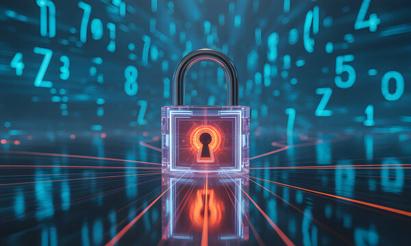 Cybersecurity concept: glowing padlock surrounded by digital data stream, binary code, numbers, and symbols. Represents data protection, online security, and digital privacy.