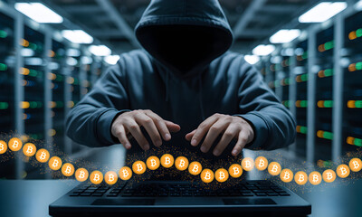 A hooded figure secretly working on a laptop in a server room, illuminated by a glowing digital data stream, representing hacking, cybersecurity, or data theft.