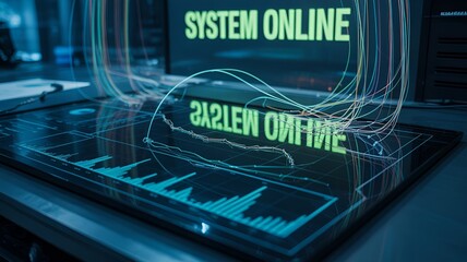 High-tech computer screen displaying data and system status.