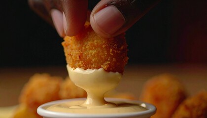 Close up fried crispy chicken nugget dipped in mayonnaise sauce, fast food snack photography with golden breaded coating and creamy dip