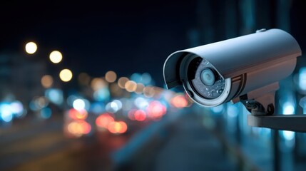 A camera is pointed at a busy street with cars and lights in the background. The camera is capturing the scene and the idea is to document the traffic and the city life