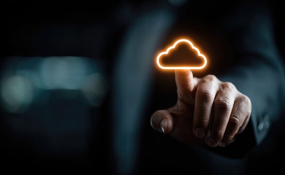 Business hand touches glowing cloud icon - Powered by Adobe