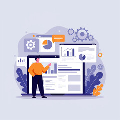 Business professional presenting data analytics on a dashboard. Digital marketing strategy and performance metrics visualization concept.