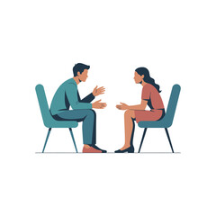 Fototapeta premium Man and woman sitting in chairs talking to each other conversation discussion