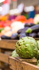 Fresh artichoke on wooden display