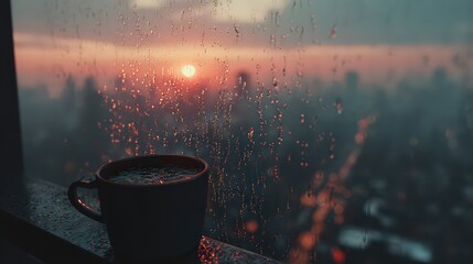 Obraz premium Sunrise View Through Rainy Window With Coffee Cup