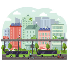 Obraz premium Green city concept featuring eco-friendly transport, electric scooters, and renewable solar energy on buildings. Modern urban illustration.