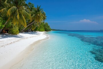 Fototapeta premium Pristine white sand beach meets turquoise water under a vibrant blue sky. Lush tropical trees line the shoreline