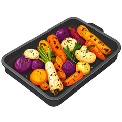 Roasted Root Vegetables in Pixel Art Style with Carrots Parsnips and Red Onions on a Dark Gray Tray