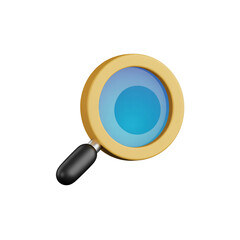 A 3d rendering of a magnifying glass with a golden rim and blue lens, isolated on a transparent background
