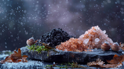 Vibrant display of Himalayan, black lava, and sea salt crystals with acorns and falling snow, creating a stunning natural scene
