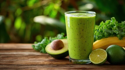 A glass of green juice with a banana and lime on a wooden table. The juice is made with avocado, spinach, and banana