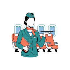Flight attendant in uniform with tray and book in airplane cabin service travel
