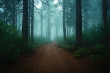 Fototapeta premium Mysterious Path Leading Through a Dark and Foggy Forest.