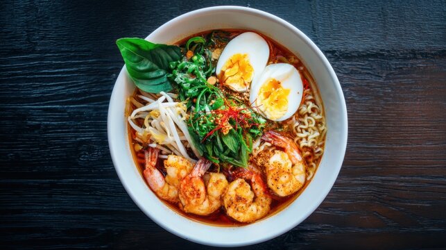 A bowl of ramen with shrimp and eggs. The bowl is white and the food is colorful