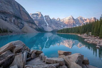 Serene mountain lake at dawn
