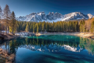 Alpine lake reflecting snowy peaks