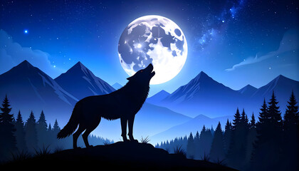 Silhouette Of A Howling Wolf Under A Full Moon Against A Starry Night Sky Over Mountain And Forest Landscape