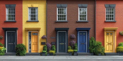 Brick row private houses, showcasing traditional residential architecture in a charming urban setting. 3D rendering, Generative AI