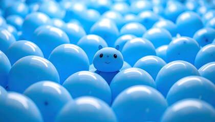 Single Blue Cartoon Character Among Numerous Spherical Shapes in Bright Daylight