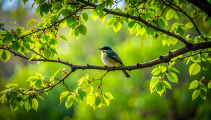 Small Bird Perched On A Branch Surrounded By Fresh Green Leaves With A Blurred Background