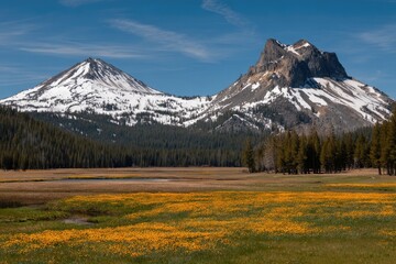 Snowy peaks rise above a vibrant wildflower meadow