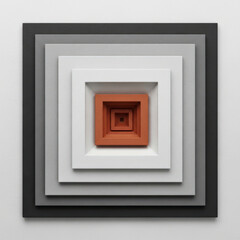 Dimensional layered square shapes in shades of gray, white, and terracotta, creating a concentric abstract art piece with a deep perspective