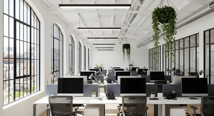 Modern open plan office space with large and minimalist design.