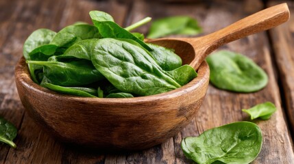 A wooden bowl filled with fresh spinach leaves. The bowl is placed on a wooden table. The spinach leaves are arranged in a way that they are not overlapping each other