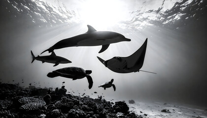 Underwater Scene Featuring Dolphin Shark Turtle and Ray in Black and White with Sunlight