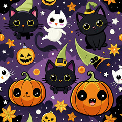 Obraz premium Charming cartoon halloween seamless pattern featuring cute black cats and pumpkins vector