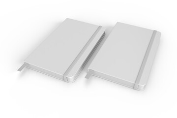 3D realistic of hardcover notebooks with elastic bands and ribbon bookmarks isolated. Blank mockup template for a publication design, branding, diary, journal, booklet and creative projects.