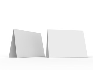 3D realistic mockup of blank table sign tent cards in horizontal A4 format, isolated on background. Ideal for menu, restaurant, cafe, event, promotion, branding, ads, and marketing design projects. © Patcharee