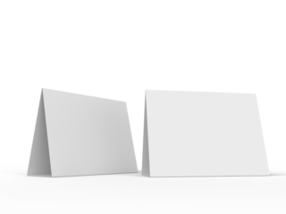 3D realistic mockup of blank table sign tent cards in horizontal A4 format, isolated on background. Ideal for menu, restaurant, cafe, event, promotion, branding, ads, and marketing design projects.