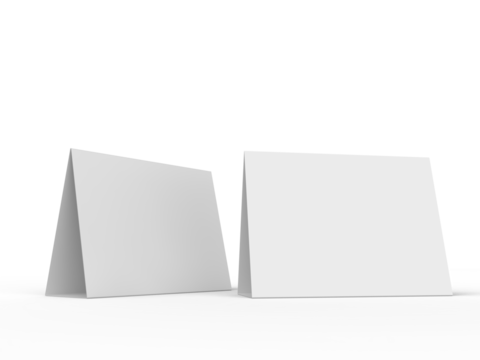 3D realistic mockup of blank table sign tent cards in horizontal A4 format, isolated on background. Ideal for menu, restaurant, cafe, event, promotion, branding, ads, and marketing design projects.