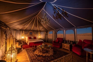 Luxury Desert Glamping Tent Interior with Panoramic Dune View and Elegant Decor