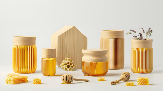 Golden honey jars, wooden accents, and honeycombs create a warm, inviting scene perfect for natural product branding and design