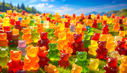 Vibrant Array of Gummy Bear Candies Scattered on Green Grass Under Sunny Skies