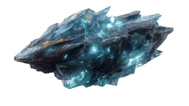 Asteroid made of glowing crystal shards, alien materials, isolated on white