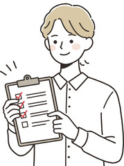 Young man holding checklist clipboard, cartoon style illustration, task management, planning concept, productivity, organization, goal setting, successful completion, to-do list image, isolated 