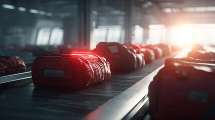 3D render of baggage carousel with digital overlay highlighting cleared luggage minimalism illustration concept scene visual for commercial design use high detail quality stock image illustration conc