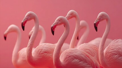 Naklejka premium Minimalist vertical group of pink flamingos on solid pink background, centered avian composition for mobile wallpapers, fashion branding and social media templates.