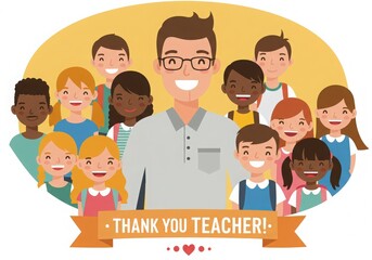 Smiling teacher surrounded by diverse happy students in a classroom setting