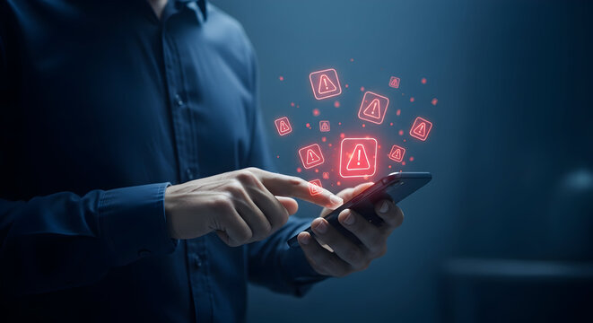 Person using a smartphone with glowing digital icons.