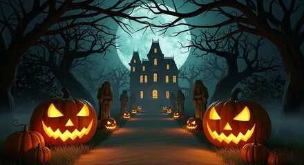 Eerie Halloween night scene with haunted house, pumpkins and gnarled trees illustration