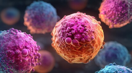 Fototapeta premium A bunch of colorful cells with a pink and orange center. The pink and orange cells are surrounded by other cells that are purple and blue